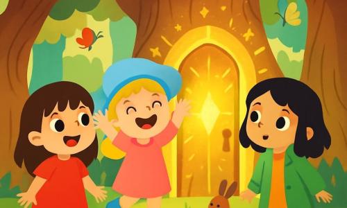 There are 3 characters: Mia, a 7-year-old girl with brown hair and sparkling eyes, wearing shiny red boots that shimmer like stars, standing on the left, smiling and full of energy; Luna, a 6-year-old girl with blonde hair and a soft blue hat like a cloud, in the center, laughing and raising her arms; and Ivy, an 8-year-old girl with black hair and a bright green coat, on the right, curiously looking at the magic door of the tree. The setting is an enchanted forest filled with giant, gnarled trees and colorful flowers sparkling in the sunlight. In the center, a majestic tree has a magical door shimmering in yellow and gold, surrounded by curious small animals and colorful butterflies. The main scene shows the three girls in front of the magic door, ready to enter a wonderful world, their eyes wide with wonder as bursts of light emanate from the door, promising a magical adventure.
