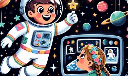 Un astronauta uomo, sorridente ed entusiasta, fluttua nello spazio, indossando una tuta spaziale bianca con dettagli colorati. Ha capelli castani e indossa un casco trasparente che mostra il suo viso raggiante di gioia. Tiene in mano una piccola stella brillante, meravigliato dalla sua scoperta. Vicino a lui, una ragazza di 8 anni, con capelli biondi intrecciati e occhiali, guarda l'astronauta con occhi spalancati. È seduta davanti a un computer in una stazione spaziale, circondata da grafici e foto di pianeti. Lo sfondo è uno spazio intergalattico, pieno di stelle scintillanti e pianeti colorati, con la Terra blu e verde che galleggia maestosa nell'immensità nera dello spazio. La scena principale mostra l'astronauta che condivide la sua scoperta con la ragazza, che sogna di diventare astronauta un giorno. Si scambiano sorrisi e idee, circondati dalla bellezza dell'universo.