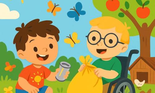 Ci sono 2 personaggi principali: - Luca: un bambino di 3 anni, con capelli castani disordinati e un sorriso splendente. Indossa una maglietta rossa con un disegno di sole e pantaloni corti blu. È accovacciato, tenendo una lattina nella mano destra, pronto a metterla in un sacco. - Marco: un bambino di 3 anni, con capelli biondi e occhiali rotondi. È seduto nella sua sedia a rotelle, vestito con una maglietta verde e pantaloni beige. Sorride felicemente mentre tiene un sacco di rifiuti che ha già riempito. La scena principale si svolge in un giardino di fattoria soleggiato, circondato da fiori colorati e alberi da frutto. Sullo sfondo si vede un vecchio edificio di legno, tipico delle fattorie, con galline che becchettano il terreno e un cielo blu punteggiato di nuvole bianche e soffici. La situazione principale della storia mostra Luca e Marco mentre puliscono il giardino, raccogliendo rifiuti per aiutare la natura. Luca è inclinato in avanti, mentre Marco, con un grande sorriso, incoraggia il suo amico a continuare. Farfalle colorate volano intorno a loro, aggiungendo un tocco di magia alla loro bella azione ecologica.
