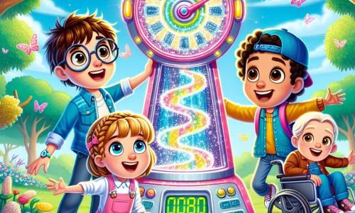En el centro de la imagen, cuatro amigos están frente a una máquina del tiempo brillante y colorida. A la izquierda, Lucas, un niño de 10 años con cabello castaño desordenado y gafas redondas, mira la máquina con ojos muy abiertos. A su derecha, Ana, una niña de 9 años con trenzas rubias y un vestido rosa, señala la máquina con una gran sonrisa. Un poco más atrás, Tomás, un niño de 10 años con cabello negro y una gorra azul, parece muy emocionado, con los brazos levantados. Finalmente, a la derecha, Miguel, un niño de 11 años en silla de ruedas, tiene una sonrisa radiante y mira a sus amigos con admiración. El escenario es un parque verde, con árboles majestuosos y flores coloridas alrededor. En el fondo, se ve un cielo azul claro con nubes blancas esponjosas. La escena muestra a los amigos listos para activar la máquina del tiempo, ansiosos por vivir una aventura increíble en el pasado, mientras destellos de luz emanan de la máquina, creando una atmósfera mágica y llena de promesas.