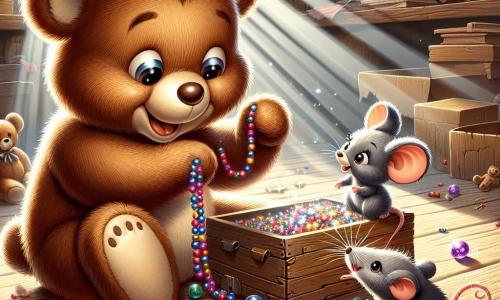 Een klein teddybeer, genaamd Beertje, met een zachte bruine vacht en glanzende ogen, glimlacht vrolijk terwijl hij een ketting van kleurrijke kralen vasthoudt in zijn pootjes. Hij zit op een oude houten doos, omringd door glinsterende kralen die onder het licht stralen. Naast hem kijkt een klein grijs muisje, met grote oren en een kleine staart, vol verwondering, zijn ogen sprankelend van vreugde. Ze maakt een mooi armbandje met