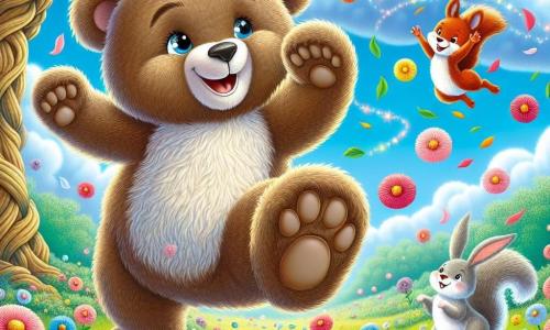 An illustration depicts a large, fluffy brown teddy bear with sparkling eyes and a wide smile, dancing joyfully with its paws in the air, surrounded by colorful flower petals swirling around it, expressing great joy and a playful spirit. Nearby, a mischievous little squirrel with red fur and a bushy tail jumps with delight, its eyes shining with mischief, performing twirls that add dynamism to the scene. A gentle white rabbit with big ears watches with a kind smile, sitting cross-legged on the grass, exuding calm and serenity. The main setting is an enchanted field filled with multicolored flowers swaying in the wind under a bright blue sky dotted with fluffy clouds. Gnarled trees adorned with shimmering leaves border the field, creating a magical and welcoming atmosphere. The main action shows the teddy bear attempting to cast a magical spell to calm the dancing flowers but instead getting caught up in a joyful dance with its friends, all laughing and having fun together. Additional graphic elements include floating laughter bubbles, bursts of light emanating from the flowers, and a rainbow in the background, adding a touch of magic to this joyful and whimsical scene.