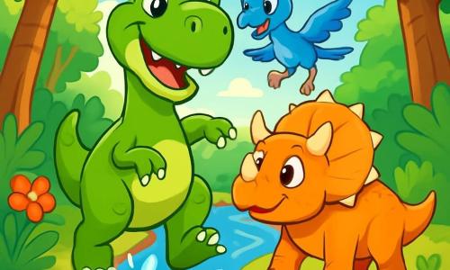 Ein junger Tyrannosaurus Rex namens Timo, mit leuchtend grüner Haut und neugierigen Augen, steht im Mittelpunkt des Bildes und zeigt ein großes, enthusiastisches Lächeln. Neben ihm steht ein Triceratops namens Tina, mit majestätischen Hörnern und orangefarbener Haut, die Timo bewundernd ansieht und bereit ist, ihn auf seinem Abenteuer zu begleiten. Ein kleiner Velociraptor namens Vicky, mit lebhaftem blauen Gefieder und schelmischen Augen, springt fröhlich um sie herum und bringt Energie in die Szene. Die Kulisse ist ein dichter prähistorischer Dschungel mit großen, dicken Baumstämmen, üppigen Blättern und bunten Blumen, die unter einem sonnigen Himmel blühen. Das Licht filtert durch die Äste und erzeugt tanzende Muster auf dem Boden. Die Hauptsituation zeigt Timo, Tina und Vicky, die sich darauf vorbereiten, einen breiten Fluss zu überqueren, mit Wasserspritzern um sie herum, was ihren Mut und ihre Entschlossenheit zeigt, den Weisen des Gartens zu finden.