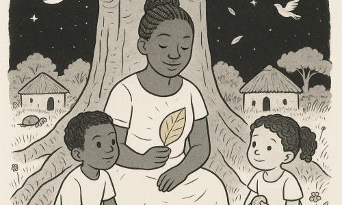 Una mujer adulta llamada Nala, rostro redondo, piel oscura, cabello trenzado en moño, mirada dulce y sonrisa serena, sentada al pie de un gran baobab sosteniendo delicadamente una hoja dorada que brilla suavemente; a su izquierda un niño de unos 7 años de cabello corto y ojos curiosos, manos en las rodillas escuchándola; a su derecha una niña de unos 5 años con coletas rizadas y vestido sencillo, inclinando la cabeza y sosteniendo una pequeña mango; dos niños más pequeños (niño de 3 y niña de 2) juegan con piedras junto a las raíces mirando a Nala; el baobab ocupa el centro con corteza gruesa y arrugada, raíces abultadas y ramas amplias que forman una bóveda, algunas hojas caen en remolinos; alrededor chozas redondas de adobe con techos de paja, hierba alta con flores silvestres y siluetas lejanas de tortuga y ave; cielo nocturno estrellado con luna delgada, ambiente cálido y tranquilo, luz suave sobre los rostros, composición simple y contrastes nítidos, texturas de corteza y telas resaltadas para un acabado en tinta fina.