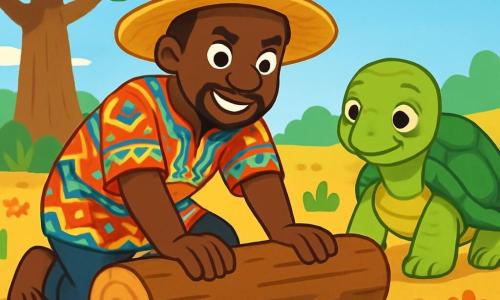 Kofi, un hombre africano de unos cuarenta años, tiene la piel de un marrón cálido y ojos llenos de determinación. Lleva un sombrero de paja y una túnica colorida con patrones tradicionales. Kofi está agachado, con las manos sobre un gran tronco de madera, su rostro expresa concentración y fuerza. A su lado, una tortuga anciana, con un caparazón verde y ojos sabios, observa atentamente la escena, como si estuviera ahí para animar a Kofi. Al fondo, el paisaje está dominado por un gran baobab de ramas anchas y frondosas, y un cielo azul brillante. El suelo está salpicado de flores coloridas y pequeñas piedras, creando una atmósfera viva y alegre. La situación principal muestra a Kofi y la tortuga trabajando juntos para despejar el tronco que bloquea el curso de un arroyo, simbolizando su determinación para devolver la alegría y la vida al pueblo.