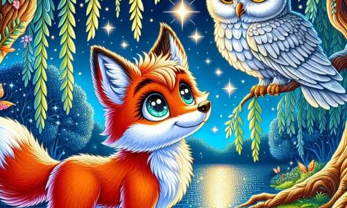 A young fox with a fiery red coat and sparkling eyes full of curiosity and determination stands at the edge of a shimmering lake under the moonlight. She looks hopefully at the waters that are beginning to fill again, her nose slightly raised and her tail wrapped around her paws. Beside her, a large owl with silver feathers and wise, bright eyes floats in the air, observing the scene with a proud and encouraging gaze. It perches on a branch of a majestic tree, its wings spread, ready to offer support. In the background, an old weeping willow with drooping branches, its leaves sparkling like stars, surrounds the lake, creating a magical and soothing atmosphere. The sky is dotted with bright stars, and a gentle breeze makes the leaves dance. The main scene shows the hopeful and courageous fox restoring the lake's magic while the owl watches over her, symbolizing friendship and support in this enchanted adventure.