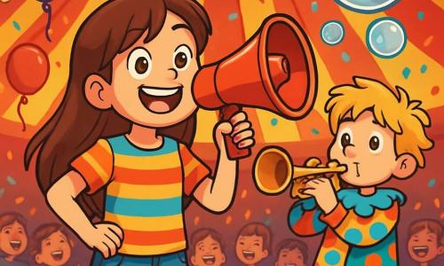 Een 12-jarig meisje, Suzy, met lange bruine haren en sprankelende ogen van opwinding, staat in het midden van het podium met een grote rode megaphone in haar hand. Ze draagt een kleurrijk gestreept t-shirt en een spijkerbroekshort, haar gezicht straalt van vreugde en vastberadenheid. Naast haar staat Pierre, een 11-jarig jongen met rommelig blond haar en een verlegen glimlach, die op een trompet blaast die fonkelende bellen produceert. Hij draagt een kleurrijk clownskostuum met opvallende patronen en grote schoenen. De achtergrond is die van een levendige circustent, met rode en gele strepen, vol met fonkelende lichten en verwonderde toeschouwers. Ballonnen zweven in de lucht en confetti valt zachtjes om hen heen. De hoofdscène toont Suzy en Pierre in volle uitvoering, waarbij Suzy grappen in de megaphone fluistert terwijl Pierre gigantische bellen maakt die boven het publiek knappen, wat gelach en applaus oproept.
