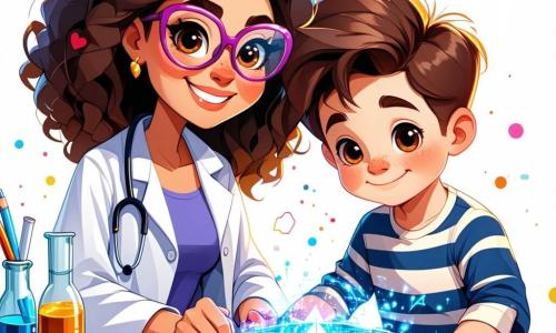 Carla, un'inventrice entusiasta, è una donna dai capelli ricci e con occhiali a forma di cuore. Indossa un camice da laboratorio colorato e un grande sorriso illumina il suo volto mentre aggiusta un dispositivo brillante su un tavolo. Accanto a lei, Marco, un ragazzo di 10 anni con capelli castani disordinati e una maglietta a righe, guarda con meraviglia il congegno, gli occhi spalancati per curiosità. Sofia, una ragazza di 9 anni con trecce bionde, tiene un quaderno da schizzi e abbozza idee, seduta su una sedia vicina, piena di entusiasmo. Il laboratorio è un luogo magico, pieno di macchine strane, piani appesi ai muri e colori vivaci. Gli scaffali straripano di attrezzi, pezzi meccanici e barattoli di materiali vari, mentre una grande finestra lascia entrare la luce del sole, illuminando lo spazio. La scena principale mostra Carla che presenta la sua invenzione, un dispositivo che proietta immagini colorate, mentre i bambini la osservano con fascinazione, impazienti di scoprire le meraviglie dell'immaginazione.