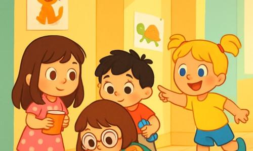 Ci sono 4 bambini: - Anna: una bambina di 3 anni con lunghi capelli castani e occhi brillanti. Indossa un vestito rosa con pois bianchi e tiene un piccolo quaderno. È in piedi a sinistra, guardando con curiosità. - Bea: una bambina di 3 anni con capelli biondi raccolti e un sorriso radioso. Indossa una maglietta gialla e pantaloni corti blu. È a destra di Anna, mentre indica il corridoio. - Chiara: una bambina di 3 anni con capelli castani e occhiali rotondi. Indossa una salopette verde e una maglietta a righe. È accovacciata al centro, osservando attentamente il pavimento. - Giò: un bambino di 3 anni con capelli neri disordinati e guance rosate. Indossa una maglietta rossa e pantaloni beige. È dietro Chiara, tenendo un piccolo giocattolo a forma di chiave. Il luogo è un corridoio luminoso e accogliente, con pareti dipinte di giallo pastello. Disegni di animali colorati sono appesi alle pareti. Il pavimento è in legno chiaro e una luce soffusa filtra attraverso una finestra, creando un'atmosfera calda e gioiosa. I quattro bambini sono impegnati in un'indagine, incuriositi da un misterioso ticchettio proveniente dal corridoio. Si piegano, ascoltano attentamente e scambiano idee, circondati da giocattoli sparsi e una piccola scatola di legno che attira la loro attenzione.
