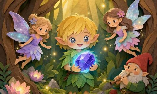 Elf Liri, chłopiec, stoi w centrum zachwycony i uśmiechnięty, z krótkimi lśniącymi blond włosami i wielkimi gwiaździstymi oczami, w zielonym stroju liścia, delikatnie trzyma dużą świecącą niebieską ametyst; po obu stronach unoszą się dwie małe wróżki, dziewczynki, z perłowymi skrzydłami i pastelowymi sukienkami, ochronne i życzliwe, z miękkimi spojrzeniami i iskrzącym pyłem; na krawędzi polany siedzi żartobliwy krasnal, brodaty mężczyzna w czerwonym kapeluszu, na pniu grający na małej flecie i uśmiechający się; polana otoczona jest przez skręcone drzewa z wielkimi korzeniami, dywan zielonego mchu, świecące kwiaty, złote pasy światła słonecznego i unoszące się świetliki; sytuacja: Liri właśnie znalazł ametyst ukryty w korzeniach starożytnego drzewa, ametyst emituje łagodne niebieskie światło rozświetlające twarze, atmosfera magiczna i kojąca, kompozycja skupiona i czytelna dla dziecka.