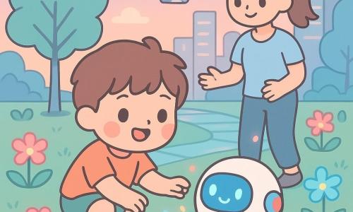 Niño de 4 años de rostro redondo, pelo castaño alborotado, mejillas rosadas y sonrisa asombrada, agachado para tocar a Riki, un pequeño robot redondo de metal blanco y paneles luminosos con ojos-píxel azules; una madre de ~30 años con coleta y ropa informal lo observa con cariño desde atrás. Parque urbano futurista al crepúsculo con césped verde, flores neón rosa y cian, senderos transparentes, árboles de troncos plateados y edificios de vidrio; atmósfera cálida y curiosa, luces suaves y paleta pastel (rosa, celeste, verde menta) con acentos neón, estilo kawaii minimal de formas redondeadas y contornos finos, composición centrada para niños.