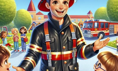 Un pompiere, un uomo dal sorriso caloroso, indossa una brillante uniforme rossa e nera, con un casco lucido che riflette il sole. Sta parlando con entusiasmo a un gruppo di bambini, i suoi occhi brillano di eccitazione e orgoglio. Tra i bambini c'è Giulia, una ragazza di 8 anni con i capelli ricci e gli occhi spalancati, che lo ascolta ammirata, con le mani sui fianchi. Accanto a lei c'è Luca, un ragazzo di 9 anni con occhiali e una maglietta blu, che alza la mano per fare una domanda, il suo volto radioso di entusiasmo. La scena si svolge in un cortile scolastico soleggiato, circondato da alberi verdi e giochi per bambini, con un camion dei pompieri rosso brillante parcheggiato nelle vicinanze, le sue luci lampeggianti aggiungono un tocco di magia all'atmosfera. Il pompiere condivide storie affascinanti sul suo lavoro, mentre i bambini, affascinati, si immaginano eroi, pronti a imparare come aiutare gli altri e diventare futuri pompieri.