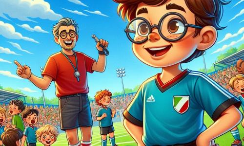 Ein 12-jähriger Junge, Max, steht am Rand eines Fußballfeldes, sein Gesicht strahlt vor Entschlossenheit und Aufregung. Er hat zerzauste braune Haare, runde Brille und trägt ein blaues Fußballtrikot mit einer schwarzen Shorts. Seine Augen leuchten vor Begeisterung, während er das Spiel beobachtet. Neben ihm ermutigt der Trainer, Herr Müller, ein etwa 40-jähriger Mann mit gepflegtem Bart und warmem Lächeln, die Kinder. Er trägt ein rotes T-Shirt und Shorts, hält eine Pfeife in einer Hand und ein Taktikboard in der anderen. Das Fußballfeld ist grün, umgeben von Holztribünen, auf denen Kinder und Eltern applaudieren. Der Himmel ist blau mit einigen weißen Wolken, und die Sonne scheint, was eine fröhliche und dynamische Atmosphäre schafft. Max gibt als Stratega Anweisungen an seine Mitspieler und zeigt auf eine Lücke in der gegnerischen Abwehr. Die Aufregung ist spürbar, und die Energie des Moments ist von Kameradschaft und Entschlossenheit geprägt.