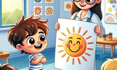 Um menino de 4 anos, Miguel, com cabelos castanhos bagunçados e grandes olhos brilhantes, está de pé diante de uma grande folha de papel. Ele tem um sorriso radiante e uma expressão de orgulho no rosto, segurando um lápis colorido na mão. Ao seu lado, a professora Ana, uma mulher de cerca de 30 anos com cabelos castanhos presos em um coque, observa com bondade, usando óculos e um sorriso encorajador. Ela está um pouco atrás, com os braços cruzados, admirando o desenho de Miguel. O local é uma sala de aula iluminada, com paredes decoradas com desenhos infantis e janelas que deixam entrar a luz do sol. A situação principal mostra Miguel, um pouco nervoso mas determinado, apresentando orgulhosamente seu desenho de um sol sorridente aos colegas e à professora, enquanto todos o aplaudem e encorajam, criando uma atmosfera alegre e calorosa.