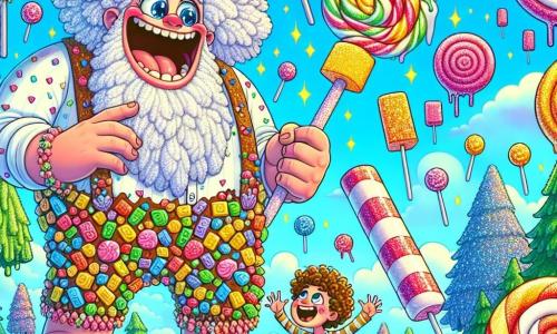 Un gigante felice di nome Gigi, con una barba di marshmallow e vestiti colorati fatti di caramelle, si piega in avanti con un grande sorriso, gli occhi brillanti di eccitazione. È circondato da caramelle scintillanti che cadono dagli alberi e tiene un enorme lecca-lecca in mano. Accanto a lui, Pipo, un bambino di circa 8 anni con capelli ricci e una maglietta a righe, alza le braccia in aria ridendo di gioia. Si trova su una piccola collina, guardando le caramelle che crescono attorno a loro. Lo scenario è un mondo magico, pieno di alberi con tronchi di zucchero filato e fiori cantanti dai colori vivaci, sotto un cielo blu punteggiato di nuvole a forma di marshmallow. La scena mostra Gigi e Pipo che celebrano insieme la magia delle caramelle, circondati da una moltitudine di creature incantate pronte a partecipare al Grande Festival delle Caramelle.