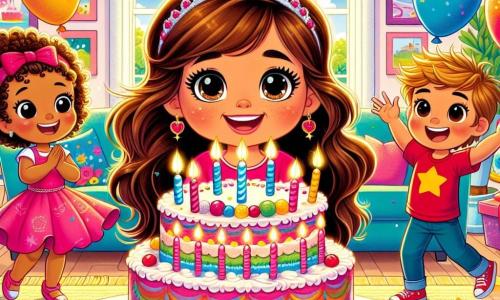 Una bambina di 4 anni, Sofia, con lunghi capelli castani e occhi scintillanti di gioia, si trova al centro della scena, sorridendo ampiamente mentre tiene una grande fetta di torta di compleanno decorata con candele colorate. Alla sua destra, il suo amico Marco, un ragazzo di 5 anni con capelli biondi arruffati e una maglietta rossa, applaude con entusiasmo, i suoi occhi brillano di eccitazione. Alla sua sinistra, Giulia, una ragazza di 4 anni con capelli ricci e un vestito rosa, balla gioiosamente tenendo un palloncino colorato. La scena si svolge in una cucina luminosa e festiva, decorata con ghirlande colorate e palloncini fluttuanti. Una grande tavola è coperta da una tovaglia a motivi festosi, con la torta di compleanno al centro, circondata da piccoli regali brillanti. Sofia è circondata dai suoi amici, pronta a spegnere le candeline, mentre un piccolo drago verde, Dodo, con ali scintillanti, fluttua sopra di loro, aggiungendo un tocco magico a questa festa di compleanno piena di risate e felicità.