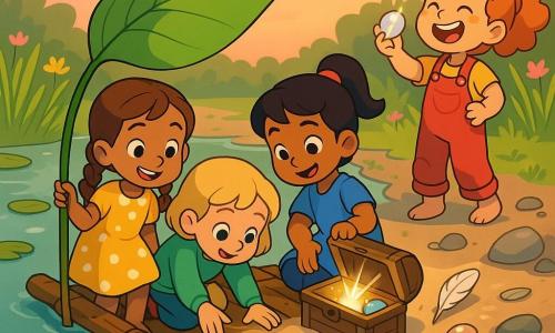 Four girls on a small raft of branches and a large leaf at the edge of a shallow, clear river with silver pebbles and floating green lilies under a soft pink-orange sunset: a ~7-year-old brown-haired girl in braids and a yellow polka-dot dress holding the raft's small sail at front left; a ~6-year-old fair-skinned girl with short blonde hair and a green sweater crouching center-left and reaching toward the water; a ~7-year-old tan girl with a black ponytail in a blue dress seated center-right lifting a small wooden chest partly buried in sand; and a ~5-year-old curly redhead in a red overall laughing in the background right holding a sparkling shell; all leaning together, faces full of wonder as shells, a feather and a tiny mirror glitter in the warm, joyful, wood-and-water textured scene.