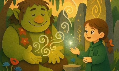 A benevolent male ogre with a round face, moss-green skin, tangled hair and a potato-shaped nose sits with open palms releasing silvery luminous swirls, wearing a patched floral vest; Liora, a lively ~10-year-old girl in a leaf-green coat with a braid tied with silver ribbons, stands at the center of a stone circle holding a shimmering mist as her eyes sparkle, while a small hedgehog curls beside a stone pedestal watching curiously; the scene is an ancient circle of moss-covered menhirs, wind-swept grass, saturated wildflowers (red poppies, blue cornflowers) and a weeping willow forming a green vault, the ground textured like torn pasted paper with crisp cutout shadows; together they release the 