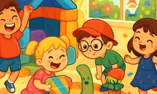 There are 4 children: Max, a 7-year-old boy with curly brown hair, wearing a red t-shirt and blue shorts, jumping for joy with his arms raised near a large pillow fortress; Lily, a 6-year-old girl with blonde pigtails in a pink polka dot dress, crouching and laughing while holding a colorful pillow; Tommy, a 7-year-old boy with round glasses and a red hat, wearing a green t-shirt, leaning forward with a curious look near a green plant; and Mia, a 6-year-old girl with brown hair in a sparkling dress, joyfully dancing with open arms surrounded by colorful flowers. The setting is a bright playroom filled with soft pillows, scattered toys, and sunlight streaming through the windows, with a colorful garden visible outside, featuring vibrant flowers and a funny garden gnome. The main scene shows the children discovering a funny green sock with pink polka dots dancing joyfully in the middle of the room while they laugh and have fun together, ready for an adventure full of surprises.