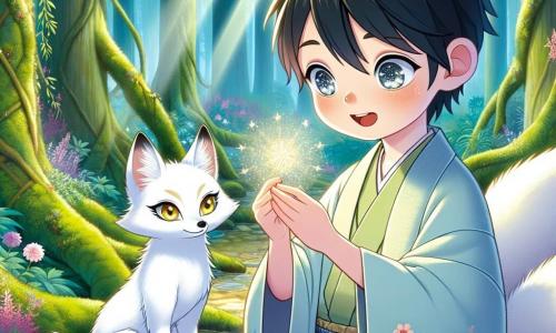 Haruki, a 10-year-old boy with black hair and sparkling curious eyes, stands at the center of the scene, his face lit up with an amazed smile. He wears a light blue traditional kimono adorned with floral patterns and holds a small shimmering mirror in his hands, fascinated by the magical reflections it projects. Next to him is Yuki, a beautiful fox with bright white fur, gracefully standing with golden eyes shining with intelligence and kindness. She watches Haruki with a protective demeanor, ready to assist him on his adventure. The setting unfolds in an enchanted clearing in the heart of the Kuroi forest, where tall, gnarled trees rise majestically, their green leaves forming a natural canopy. Rays of light filter through the branches, illuminating the moss-covered ground and colorful flowers, while a light mist dances around them, adding a touch of mystery to the atmosphere. The main scene shows Haruki discovering the magical mirror, captivated by the visions reflected in it, while Yuki, the fox, encourages and watches over him, creating a moment of magical connection between the boy and the forest.