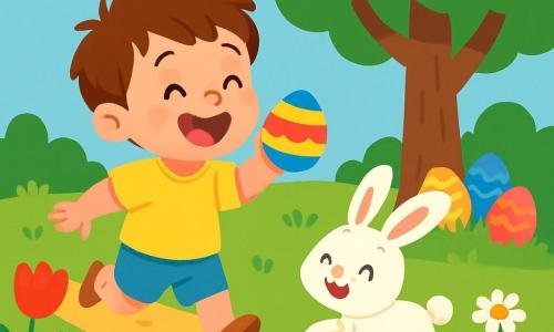 Um menino de 2 anos, Léo, com cabelos castanhos bagunçados e olhos brilhantes de alegria, corre em um jardim ensolarado, rindo maravilhado. Ele usa uma camiseta amarela e um short azul, segurando um ovo de Páscoa colorido na mão. Ao seu lado, um coelhinho travesso com grandes orelhas brancas e pelagem macia pula alegremente, convidando Léo a segui-lo. O jardim está cheio de flores vibrantes, com tulipas vermelhas e margaridas brancas, e uma grande árvore verdejante no centro, oferecendo sombra. A cena mostra Léo descobrindo ovos de Páscoa coloridos escondidos atrás da árvore, com um grande sorriso no rosto, cheio de excitação e felicidade.