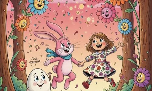 Maria, o fetiță de 6 ani, fericită și zâmbitoare într-o rochie cu flori colorate și pantofi roșii, dansează cu brațele deschise; Iepurașul Zburător, un iepure roz antropomorf cu o eșarfă albastră, sare lângă ea ținând-o de mână și râzând; Oul Vorbitor, un ou alb cu față zâmbitoare și picioare mici, stă puțin în spate și spune o glumă; decorul e o poiană supranaturală cu copaci de ciocolată, flori uriașe cântătoare cu fețe, iarbă verde presărată cu bomboane și cer roz-portocaliu; scenă veselă și absurdă, flori care vibrează ca difuzoarele, confetti și note muzicale vizibile, stil grafic clar, linii curate, culori saturate, atmosferă caldă și jucăușă, compoziție centrată, potrivită pentru copii de 6 ani.