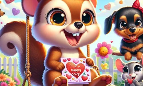 Emil, ein kleiner Eichhörnchen mit funkelnden Augen und weichem braunem Fell, sitzt auf einer Holzschaukel und lächelt fröhlich. Er hält eine mit bunten Herzen verzierte Valentinskarten in seinen kleinen Pfoten, die vor Aufregung zittern. Neben ihm springt Mia, eine kleine graue Maus mit großen runden Ohren und einem roten Schleifchen, vor Freude, ihre Augen strahlen vor Glück. Max, ein Dackel mit schwarz-braunem Fell, steht etwas weiter weg mit verschränkten Pfoten und einem schelmischen Lächeln, während er eine keksförmige Karte hält. Die Szenerie ist ein sonniger Garten voller leuchtender Blumen und grüner Bäume im Hintergrund. Papierherzgirlanden wehen in der Luft und verleihen der Szene eine festliche Note. Die Hauptsituation zeigt die Freunde, die gemeinsam den Valentinstag feiern, umgeben von Lachen und Freude, während sie Karten und Süßigkeiten teilen, in einer warmen und freundlichen Atmosphäre.