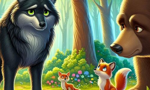 Ilustración que representa a un gran lobo de pelaje negro como la noche, con ojos brillantes y penetrantes, mostrando una expresión de tristeza y vulnerabilidad. Se encuentra en el centro de un claro, con las orejas ligeramente caídas, como si intentara hacerse entender. A su lado, un imponente oso de pelaje marrón y ojos dulces mira al lobo con compasión, su postura tranquilizadora refleja su deseo de ayudar. Un pequeño zorro astuto, con pelaje rojizo brillante y ojos traviesos, observa la escena con curiosidad y esperanza. El lugar principal es un claro verde, rodeado de majestuosos árboles de hojas verdes brillantes, donde la luz del sol filtra a través de las ramas, creando patrones danzantes en el suelo. Flores coloridas salpican el suelo, añadiendo un toque de magia al entorno. La situación principal muestra al lobo, que busca redimirse y explicar su historia a los otros animales del bosque, que lo escuchan atentamente. Elementos gráficos adicionales incluyen aves posadas en las ramas, cantando suavemente, y mariposas revoloteando, simbolizando la esperanza y la paz que renacen en el corazón del lobo y de los otros animales.