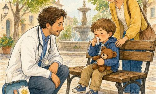 Un médico sonriente y sereno, arrodillado para estar a la altura del niño, bata blanca ligeramente arrugada y estetoscopio plateado al cuello; maletín azul abierto junto a él con instrumentos ordenados. Un niño (Tomás), de 3–4 años, abrazando su osito marrón, nariz algo roja y sentado en un banco de madera, tímido pero reconfortado. La madre, adulta, con el pelo recogido y una sonrisa tranquilizadora, de pie detrás del banco con la mano sobre el hombro del niño. Ambiente: pequeña plaza empedrada con una fuente redonda y árboles verdes, luz suave de tarde y algunas hojas cayendo. Acción: el médico pone con ternura el estetoscopio en el pecho del niño; en el maletín se ven termómetro, tiritas y una hoja de pegatinas con un sol sonriente. Estilo: trazos finos de tinta y lavados de acuarela cálida (azules, verdes y amarillos), textura de papel y composición simple y legible para niños.