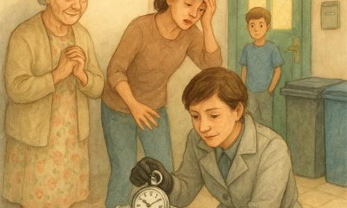 Detective de unos 45 años, pelo corto castaño, abrigo gris claro, mirada concentrada y amable, arrodillada sacando con guantes un pequeño despertador plateado envuelto en papel aluminio de la basura; abuela de unos 75, pelo blanco recogido en moño, vestido floreado y cárdigan beige, de pie a la izquierda con las manos juntas en el pecho, emocionada y aliviada; madre de unos 40, pelo castaño recogido, ropa informal, inclinada sobre el cubo con una mano en la frente y la otra alcanzando el reloj, avergonzada y aliviada; niño de 12 años, pelo corto, camiseta azul, al fondo en el rellano con manos en los bolsillos, curioso y aliviado; lugar: vestíbulo modesto con suelo de baldosas beige, puerta verde, contenedores de reciclaje gris y azul, buzón en la pared y luz suave de tarde entrando por la puerta acristalada; escena de revelación y reconciliación, atmósfera de alivio, colores pastel, acuarela suave y difuminada alrededor de los personajes, detalles nítidos en el reloj plateado brillante, migas de papel aluminio y una pequeña fibra verde en una esquina del papel; estilo: acuarela tierna, trazos finos, paleta cálida y suave, composición centrada en las manos y el reloj, expresiones empáticas.