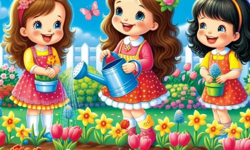 In un giardino in piena fioritura, una bambina di quattro anni, Sofia, con lunghi capelli castani, indossa un vestito colorato e sorride, tenendo un piccolo annaffiatoio. Accanto a lei, le sue due amiche, Giulia e Marta, anch'esse di quattro anni, sono vestite con abiti vivaci e ridono gioiosamente. Giulia ha capelli biondi e ricci, mentre Marta ha capelli lisci e neri. Sono tutte e tre accovacciate attorno a un'aiuola di terra, dove la loro mamma, una donna sorridente con capelli castani, le aiuta a piantare semi di fiori. Il giardino è pieno di fiori dai colori vivaci: tulipani rossi, narcisi gialli e margherite bianche, mentre un grande albero fiorito si erge sullo sfondo, con i rami carichi di fiori rosa. Il cielo è blu e soleggiato, con alcune nuvole bianche che fluttuano. La scena principale mostra le tre bambine mentre piantano fiori insieme, ridendo e aiutandosi a vicenda, mentre la mamma le incoraggia con un sorriso benevolo. L'atmosfera è gioiosa e piena di vita, simboleggiando l'arrivo della primavera e l'amicizia.