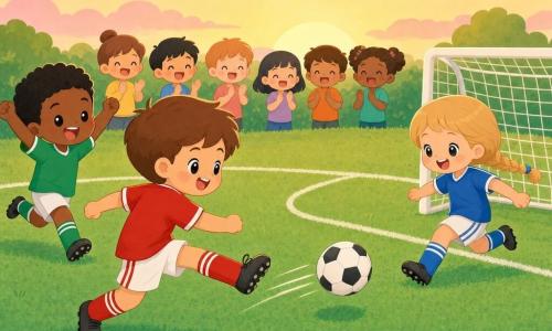Ein fröhliches, sicheres Bild im minimalistischen Kawaii-Stil: Jon (ca. 8 Jahre, kurze braune Haare, rotes Trikot, weißer Short) gibt mit dem rechten Fuß eine decisive Pass, Mia (ca. 8 Jahre, blonde geflochtene Haare, blaues Trikot) fängt den Ball nahe dem Strafraum und bereitet einen Schuss vor, Max (ca. 8 Jahre, schwarze Haare, grünes Trikot) läuft links hinter Jon und hebt die Arme zum Anfeuern; im Hintergrund applaudiert eine kleine Gruppe Kinder, grüner Rasen mit klaren weißen Linien, kleines weißes Stahltor mit leichtem Netz, sanfter Sonnenuntergangshimmel mit rosa Wolken, warme Spätlichtstimmung, kräftige Pastellfarben, feine Konturen, einfache runde Formen.
