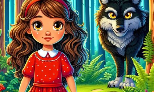 Una ragazza di 10 anni, Sofia, con capelli castani ondulati e occhi brillanti di curiosità, si trova al centro della scena, con il viso segnato da una leggera paura ma anche da una determinazione coraggiosa. Indossa un vestito rosso a pois bianchi, con un piccolo cesto di vimini pieno di pane caldo ai suoi piedi. Poco dietro di lei, il grande lupo cattivo, maestoso e minaccioso, si erge sulle zampe posteriori, con un pelo nero lucente e occhi gialli penetranti, osservando Sofia con un'espressione astuta. Lo scenario è una foresta fitta, con alberi dai tronchi spessi e nodosi, le cui foglie verdi formano un tetto naturale, lasciando passare alcuni raggi di sole dorato. Felci lussureggianti e fiori colorati punteggiano il terreno, creando un contrasto vibrante con l'ombra degli alberi. La situazione principale mostra Sofia di fronte al lupo, con il cuore che batte, mentre il lupo, con un sorriso subdolo, sembra pronto a interrogarla. L'atmosfera è tesa, piena di mistero e avventura, mentre una leggera nebbia avvolge il terreno, aggiungendo un tocco di magia a questo incontro inaspettato.