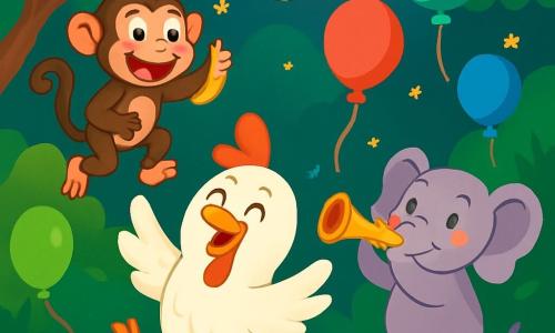 Una gallina alegre llamada Paca, con plumas blancas brillantes y un pequeño pico naranja, baila con una gran sonrisa en su rostro. Sus ojos brillan de felicidad mientras intenta atrapar un globo rojo que se eleva. A su lado, un mono travieso llamado Tito, con pelaje marrón y ojos pícaros, salta de rama en rama riendo, sosteniendo una banana en su mano. No muy lejos, una elefanta graciosa llamada Rita, con grandes orejas y una trompa curiosa, toca la trompeta, creando una melodía alegre. La escena se desarrolla en un bosque exuberante, lleno de árboles verdes, flores coloridas y luces brillantes de la luna. En el centro de la imagen, Paca y sus amigos se divierten atrapando globos que flotan a su alrededor, creando una atmósfera festiva y llena de risas.