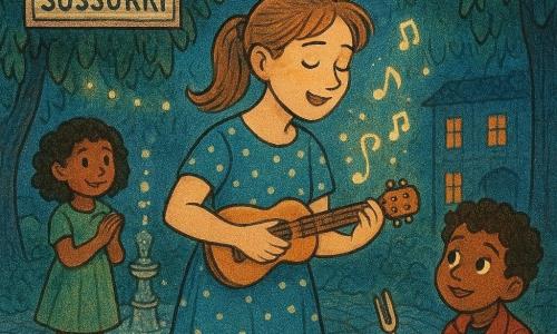 Livia, cantante e musicista sorridente con capelli castano chiaro raccolti in coda e vestito blu a pois, suona una piccola chitarra in legno lucido inclinando la testa a cantare; il suo volto è illuminato da una luce dorata. Alla sua destra un ragazzo di circa 8 anni, capelli ricci e giacca rossa, è seduto a terra con gli occhi meravigliati tenendo un diapason argentato; alla sinistra una bambina di circa 6 anni in vestito verde e calzini a righe sta vicino a una fontana zampillante applaudendo timidamente. Siamo nel Parco dei Sussurri: viale lastricato lucente, alberi dalle foglie verde smeraldo che pendono, piccole luci sospese e una fontana di pietra. Livia canta una ninna nanna calmante, le note appaiono come bolle luminose che fluttuano verso le finestre vicine, atmosfera calda e notturna in toni blu e oro.