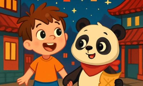 Un niño de 4 años, con el cabello castaño despeinado y una gran sonrisa maravillada, sostiene la mano de un panda llamado Lili, que lleva una bonita bufanda roja alrededor del cuello. Están en medio de una calle animada de Pekín, rodeados de farolillos coloridos que iluminan la noche. Las casas tradicionales con techos rojos de puntas elegantes se alzan a su alrededor, creando un ambiente mágico. Leo mira a su alrededor, con los ojos brillantes de curiosidad, mientras Lili, con una mirada traviesa, sostiene un papel brillante en sus patas, lista para comenzar su búsqueda del tesoro escondido.