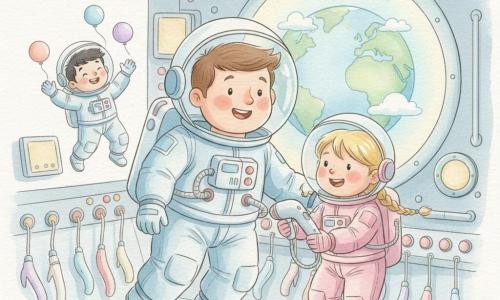 Ein lächelnder, erstaunter Astronaut mit rundem Gesicht und kurzen braunen Haaren in großem transparentem Helm und hellblauem Raumanzug mit weißen Details schwebt nahe einem Bullauge und blickt zur Erde; ein etwa 8-jähriges Mädchen mit blonden Zöpfen in einem kleinen rosa Anzug hält rechts neben ihm ein schwebendes Werkzeug zur Hilfe, ein etwa 6-jähriger Junge mit schwarzen Haaren und fröhlichen Augen schwebt links im Hintergrund und spielt mit bunten Luftballons; die Kabine zeigt bunte runde Knöpfe, leuchtende Bildschirme und Reihen von Werkzeugen an Bändern, weiche Texturen und aquarellartige Schatten; durch das Bullauge ist die Erde rund, blau-grün mit bauschigen weißen Wolken und sehr hell sichtbar; ruhige, fröhliche Szene in Pastellfarben mit sanften Konturen, leichten Kontrasten und einer Atmosphäre von Entdeckung und Freundschaft.