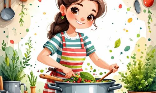 Una cuoca gioiosa, Isabella, è al centro dell'immagine. È una donna di circa trent'anni, con lunghi capelli castani raccolti in uno chignon, che indossa un bel grembiule colorato a righe. Il suo viso irradia felicità mentre mescola una grande pentola di zuppa, circondata da erbe fresche e ingredienti colorati. Accanto a lei, Marco, un bambino di 8 anni con capelli ricci e occhi brillanti, tiene un mazzo di basilico appena raccolto, con un grande sorriso. Proprio accanto, Giulia, una bambina di 7 anni con capelli biondi e trecce, osserva la pentola con meraviglia, le mani sui fianchi, impaziente di assaporare la zuppa. La scena si svolge nella cucina accogliente del ristorante 