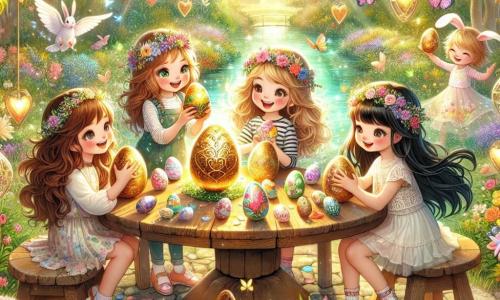 W magicznym ogrodzie cztery przyjaciółki radośnie stoją wokół dużego drewnianego stołu. Po lewej Zosia, dziewczynka 9-letnia z długimi brązowymi włosami i błyszczącymi oczami, uśmiecha się, trzymając ozdobione jajko w kształcie serca. Obok niej Basia, 8-letnia dziewczynka z kręconymi blond włosami, dumnie pokazuje swoje złote jajko, błyszczące w słońcu. Na środku Ania, 10-letnia dziewczynka z kasztanowymi włosami i kwiatową koroną, podziwia jajka ozdobione kolorowymi piórami. Na prawo Ela, 9-letnia dziewczynka z gładkimi czarnymi włosami, sadzi nasiona w doniczkach ozdobionych rysunkami królików. Ogród jest pełen jasnych kwiatów, kolorowych motyli i błyszczącego stawu, w którym pływają złote ryby. Drzewa z sercowatymi liśćmi otaczają ścieżkę, a promienie słońca prześwitują przez gałęzie, tworząc bajkową atmosferę. Przyjaciółki dekorują jajka wielkanocne magicznymi elementami znalezionymi w ogrodzie, otoczone radosnymi zwierzętami, takimi jak króliki i ptaki, wspólnie celebrując ducha Wielkanocy w atmosferze radości i przyjaźni.