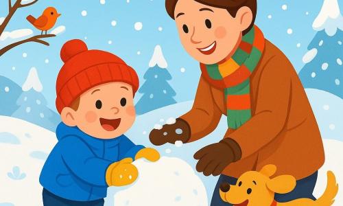Ein kleiner Junge von 2 Jahren, Max, mit rosigen Wangen und funkelnden Augen, lächelt fröhlich, während er einen großen Schneeball rollt. Er trägt eine glänzende blaue Jacke, eine rote Mütze und gelbe Handschuhe, seine kleinen Hände sind voller Schnee. Neben ihm hilft seine Mama, eine etwa 30-jährige Frau mit braunen Haaren im Dutt und einem breiten Lächeln, indem sie Schnee zum Ball hinzufügt. Sie trägt einen warmen Mantel und einen bunten Schal und beugt sich leicht zu Max. Die Szenerie ist eine bezaubernde Winterlandschaft mit schneebedeckten Bäumen, einem hellblauen Himmel und sanft fallenden Schneeflocken. In der Ferne sind weiße Hügel und ein kleiner Vogel auf einem Ast zu sehen, was dieser friedlichen Szene Leben verleiht. Die Hauptsituation zeigt Max und seine Mama, die einen Schneemann bauen, umgeben von Lachen und Freude, während der Familienhund, ein kleiner Golden Retriever, um sie herumläuft und vor Glück bellt.