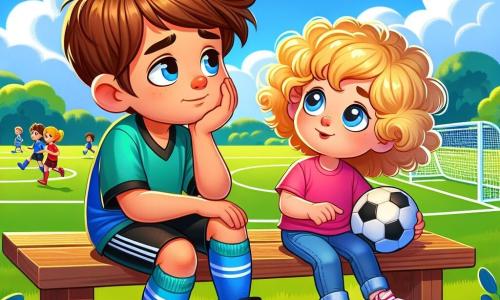 Un tânăr, Alex, stă pe o bancă în parc, cu un zâmbet melancolic. Poartă un tricou de fotbal albastru și pantaloni scurți negri, iar părul său brun este ușor dezordonat de vânt. Lângă el, o fetiță de 8 ani, cu părul blond și creț, îl privește admirativ, ținând în mâini un mingea de fotbal roșie. Ea poartă un tricou roz și blugi confortabili, părea nerăbdătoare să joace. În fundal, un teren de fotbal verde se întinde sub un cer albastru strălucitor, cu copaci verzi pe marginea terenului. Alex îi oferă fetiței sfaturi despre fotbal, arătându-i cum să dribleze mingea și împărtășindu-i pasiunea pentru joc.
