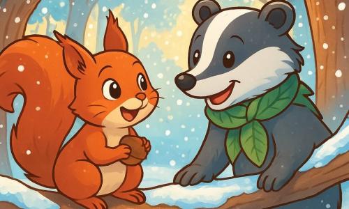 Pip, een klein eekhoorn met een roodachtige vacht en een pluizige staart, zit op een met sneeuw bedekte tak, zijn gezicht straalt nieuwsgierigheid en verwondering uit. Hij kijkt met glanzende ogen naar de scène onder hem, zijn kleine pootjes om een hazelnoot geklemd. Korneel, een oude das met een grijze vacht en wijze ogen, staat naast hem op een andere tak, met een warme en bemoedigende glimlach. Hij draagt een sjaal van bladeren en lijkt klaar om een fascinerend verhaal over de winter te delen. De plek is een betoverde open plek, omringd door grote bomen met takken vol schitterende sneeuw, waar het zachte winterzonlicht door de bladeren filtert. De grond is bedekt met een dikke laag sneeuw, bezaaid met sporen van dieren en kleine afdrukken. Pip en Korneel zijn vrolijk aan het praten terwijl de sneeuw zachtjes om hen heen valt, wat een magische en vredige sfeer creëert, vol beloftes van winteravonturen.