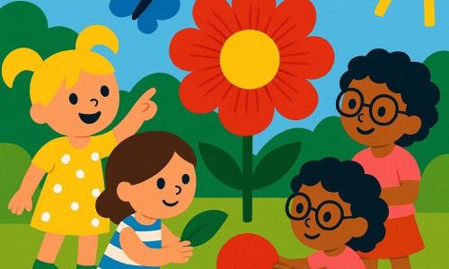 Four 5-year-old girls in a saturated enclosed garden stand close and smile around a glowing, large red velvet-textured magical flower on a stone path: on the left a blonde in bright pigtails and a yellow polka-dot dress points at a blue butterfly; center-left a short-haired brown-haired girl in a striped dress and bright green shoes parts leaves to reveal a small green iron grate; center-right a curly black-haired girl with round glasses and a pink tee pushes a shiny red ball toward the flower; on the right a chestnut-haired girl in an orange skirt holding a beige cuddly toy claps and gazes in wonder under a pale blue sky with soft sunlight.
