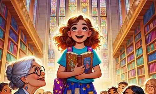 A 10-year-old girl, Lila, stands in a bright library, her eyes sparkling with excitement and a wide smile on her face. She has curly brown hair and wears a blue t-shirt with a book pattern, along with a small backpack decorated with golden stars. Lila holds an open book in her hands, her cheeks slightly flushed with enthusiasm. Next to her, an elderly woman, Mrs. Bell, the librarian, around 60 years old, has silver hair and round glasses. She smiles warmly at Lila, holding a book in one hand and a bookmark in the other, ready to assist her. The library is spacious, with large wooden shelves filled with colorful books, beams of light filtering through beautiful stained glass windows, creating colorful patterns on the soft carpeted floor. The main scene shows Lila reading aloud in front of a small group of children, her face radiating confidence and joy, while the others listen attentively, applauding enthusiastically at the end of her reading.