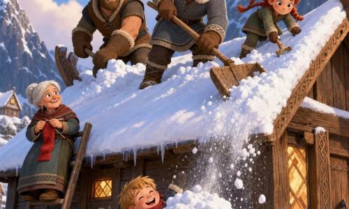 A man named Sten, white-bearded with short gray hair and a warm determined expression, wears a gray wool tunic and uses a large wooden shovel to clear snow from the longhouse roof; to his right, Freya, an about-8-year-old girl with red braided hair, playful and focused, climbs cautiously with a small shovel; behind Sten, Harald, about 35, broad-shouldered and robust with thick mittens and a smile, helps push snow toward the roof edge; to the left, Liv, about 70 with white hair in a bun and bright eyes, stands on a ladder knitting a red scarf during a pause; at the foot of the house, Erik, about 6, chubby and laughing, tumbles into a soft snowball; the setting is a snowy Nordic village beneath dark mountains, a massive wooden longhouse with Viking carvings and a thick glittering roof, a few houses and an old shed in the pale winter sky, villagers working together with shovels as powdery snow flies in small clouds and warm light glows from the longhouse windows.