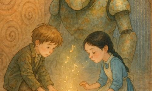 There are three characters: Caspian, a roughly 10-year-old boy with tousled light-brown hair, a stained brown-green canvas jacket and patched knees, crouched left of the scene with his hands on a small open music box; Mira, about 9, with black braided hair in a pale blue dress and beige apron, seated to the right of the box, tilting her head and softly winding the toy; and an old golem, an ancient patinated metal creature of imposing height—silvered metal streaked with copper and golden moss, pale filament eyes—standing center-rear and leaning gently toward the children as if listening. The setting is an underground chamber called the Chamber of Echoes: bronze walls engraved with spiral runes, polished reflective flagstones, floating lantern garlands casting warm light, half-open silver-chain curtains at the back, a humid, glossy, mechanical-cave atmosphere. The scene: the children repair and wind the small music box on the floor; a melody emerges as visible golden notes while the golem inclines its head in tenderness; a quiet, intimate, science-fantasy moment with drifting light dust and fine mechanical sparks.