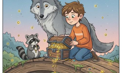 A brave, compassionate 10-year-old boy with a bright face, green eyes, freckles and messy brown hair kneels to open a small wooden chest spilling golden coins and sparkling jewels; behind him stands a gentle grey wolf with amber eyes and slightly tousled fluffy fur, nose toward the chest; a small mischievous raccoon with black-and-gray striped fur, holding shiny trinkets, crouches nearby looking surprised and ashamed; they are on an old curved wooden bridge over a shimmering stream with cracked planks, green moss, floating fireflies and a twilight blue-and-pink sky; scene: the dusk discovery of stolen treasure, shifting from mild tension to understanding, with scattered shiny objects and expressions of surprise and forgiveness.