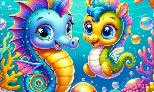 Um pequeno dragão-marinho chamado Lumil, com escamas brilhantes nas cores do arco-íris, nada alegremente em um mar turquesa, seus olhos brilhando de curiosidade e empolgação. Ao seu lado, um simpático cavalo-marinho chamado Zuli, com um tom dourado e nadadeiras delicadas, sorri entusiasticamente, seus olhos redondos cheios de amizade. O fundo da imagem mostra um reino submarino mágico, repleto de corais multicoloridos, peixes cintilantes e bolhas douradas flutuando ao redor deles. No centro, uma grande concha brilhante emite um brilho suave, simbolizando o tesouro escondido. Lumil e Zuli se dirigem para essa concha, prontos para proteger o livro dos segredos do mar, com expressões determinadas em seus rostos.