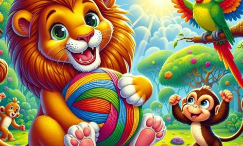 Um majestoso leão chamado Leo, com uma juba dourada e brilhante e olhos cheios de curiosidade, está no centro da cena, sorrindo alegremente enquanto segura uma grande bola de pelos coloridos com suas patas. Ao seu lado, Toby, um pequeno macaco travesso com pelagem marrom e uma cauda longa e ágil, salta de alegria, com os braços levantados, pronto para brincar. Ao fundo, Zeca, um papagaio com penas vibrantes de verde e vermelho, dança equilibrado em um galho, com uma expressão divertida no rosto. A cena acontece em uma clareira ensolarada no coração de uma floresta encantada, cercada por árvores gigantes com folhas brilhantes e flores coloridas que dançam ao vento. No chão, raios de sol atravessam as folhas, iluminando o solo coberto de folhas e flores. Leo e seus amigos estão jogando uma partida de bola, rindo e se divertindo juntos, enquanto a floresta ecoa com suas risadas e a magia da amizade.