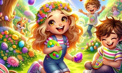 Uma menina de 12 anos, Sofia, com cabelos dourados como o sol e olhos brilhantes de alegria, está no centro da imagem, sorridente e cheia de entusiasmo, segurando uma paleta de cores vivas em uma mão e um ovo de Páscoa decorado na outra. Ao lado dela, seu amigo Tomás, um garoto de 12 anos com cabelos castanhos bagunçados e uma camiseta listrada, ri enquanto segura um ovo brilhante que acabou de encontrar, enquanto Inês, uma menina de 11 anos com cabelos cacheados e óculos redondos, se ajoelha para procurar um ovo escondido sob um arbusto florido. O cenário é um parque verdejante, repleto de flores coloridas e árvores majestosas, com raios de sol filtrando através das folhas, criando uma atmosfera alegre e festiva. A situação principal mostra Sofia e seus amigos em plena caça aos ovos, cercados de desafios divertidos, com o Coelho da Páscoa, um adorável porquinho branco, observando a cena com um sorriso cúmplice.